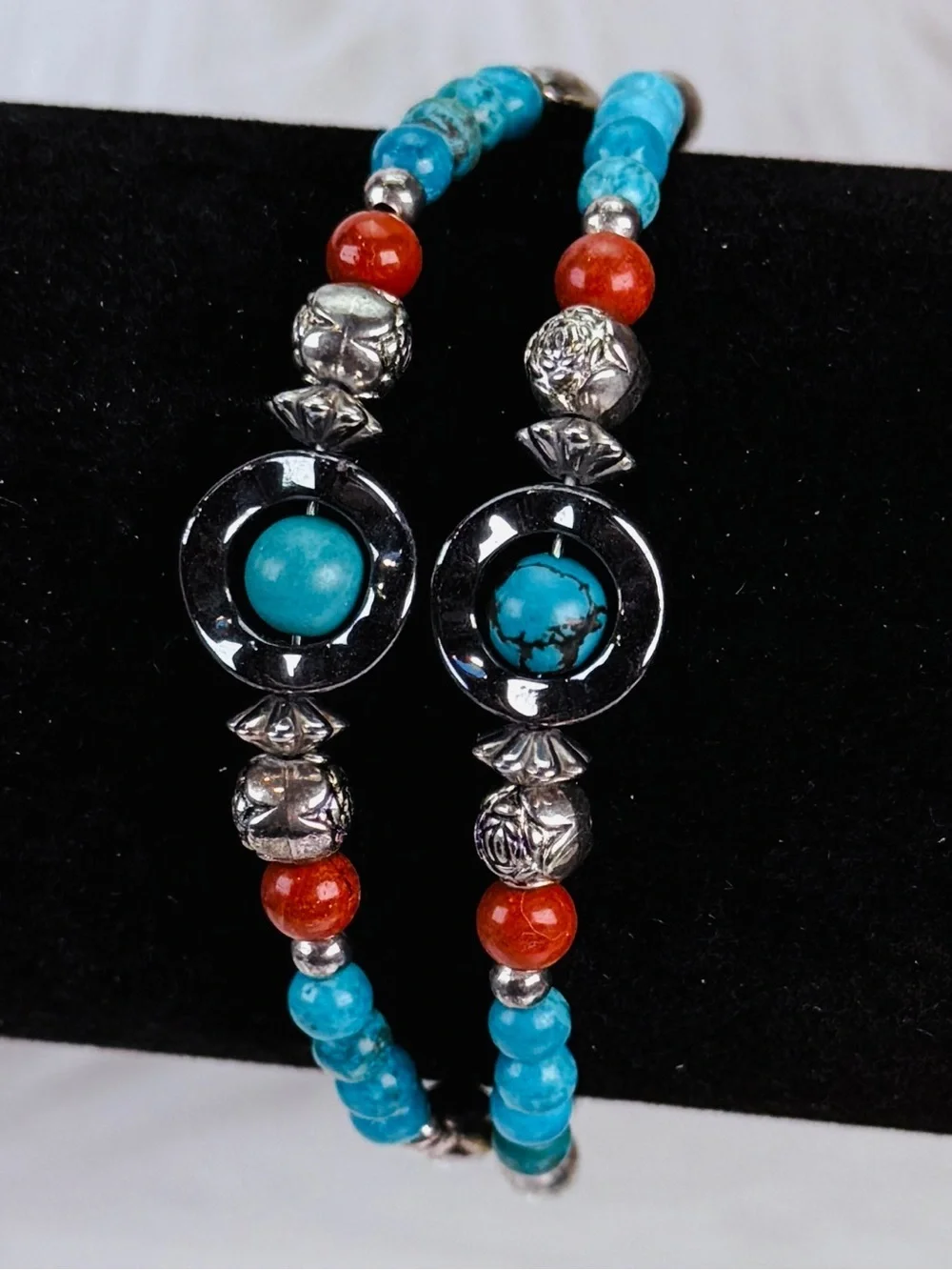Bohemian southwestern two strand silver tone, handmade costume bracelet